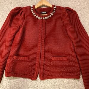 Express Red Jewel Trim Sweater Cardigan Jacket